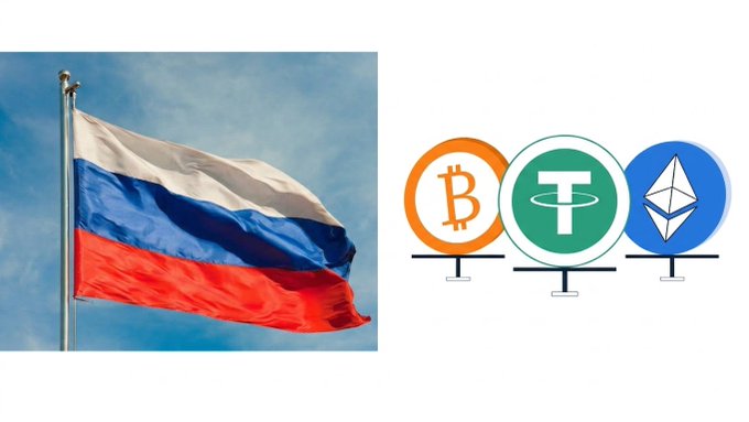 The flag of Russia on the left and cryptocurrency icons for Bitcoin, Tether, and Ethereum on display stands on the right.