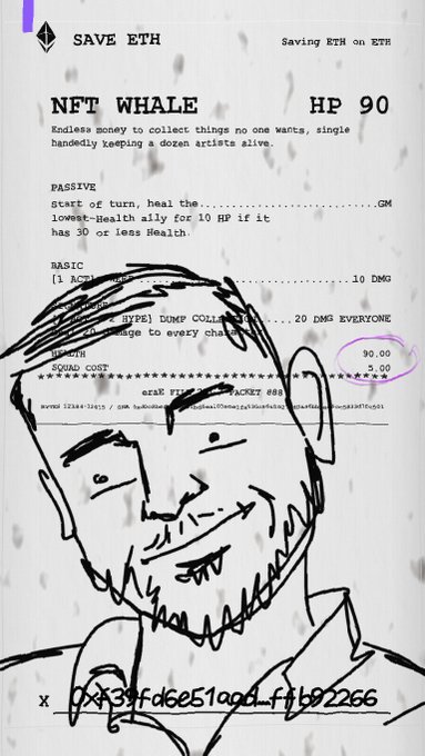 A sketched character illustration overlaid on a digital trading card titled 'NFT WHALE' with HP 90, featuring text about healing mechanics and a contract address.
