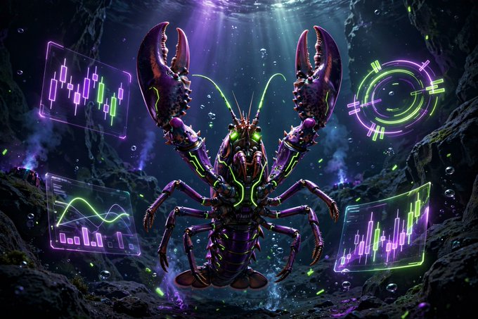 A digital fantasy illustration depicts a glowing neon-purple lobster creature underwater, surrounded by holographic financial charts and data displays.