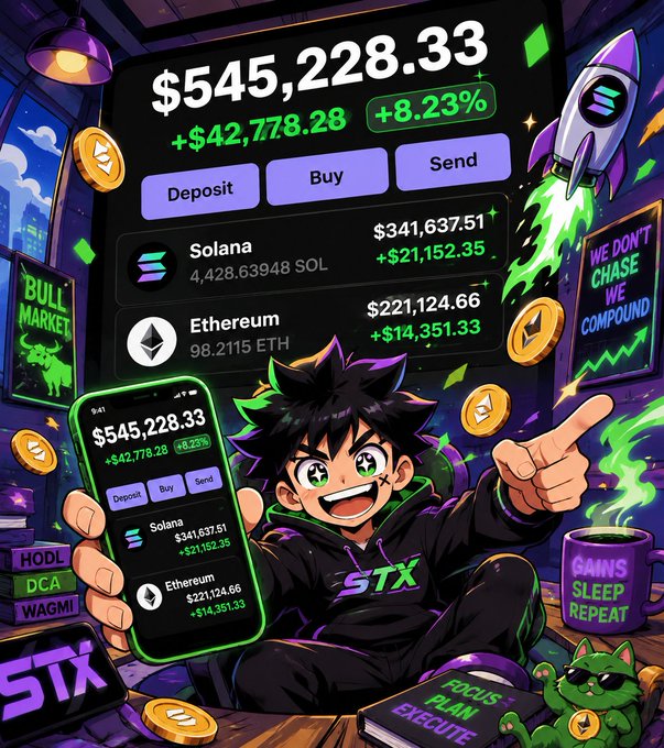 An anime-style character excitedly displays a crypto portfolio showing $545,228.33 (+8.23%), with holdings of 4,428.63948 SOL ($341,637.51) and 98.2115 ETH ($221,124.66), surrounded by Solana and Ethereum logos, a rocket, and motivational crypto phrases like "HODL," "DCA," "BULL MARKET," and "WE DON'T CHASE WE COMPOUND."

The image supports the post's message by illustrating the kind of impressive crypto balance someone could potentially achieve, motivating users to engage (RT, like) for a chance to win SOL by sharing their own wallet address.