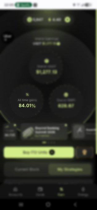 A dark-themed mobile app screen displays investment statistics, prominently featuring 'All time gains' at '84.01%' and a top asset value of '$1,877.10'.
