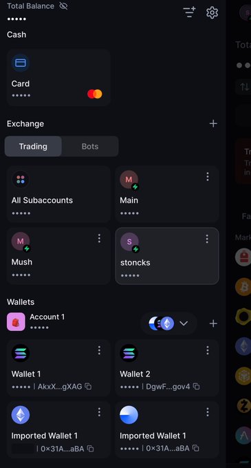 A mobile app screen displaying a financial dashboard with sections for 'Total Balance', 'Cash', 'Exchange' (Trading/Bots), 'Wallets', and subaccounts like 'Main', 'Mush', and 'stoncks'.
