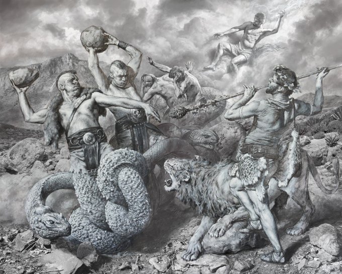 A black-and-white fantasy illustration depicting muscular warriors battling multi-headed creatures and serpents in a rocky, mythological landscape.