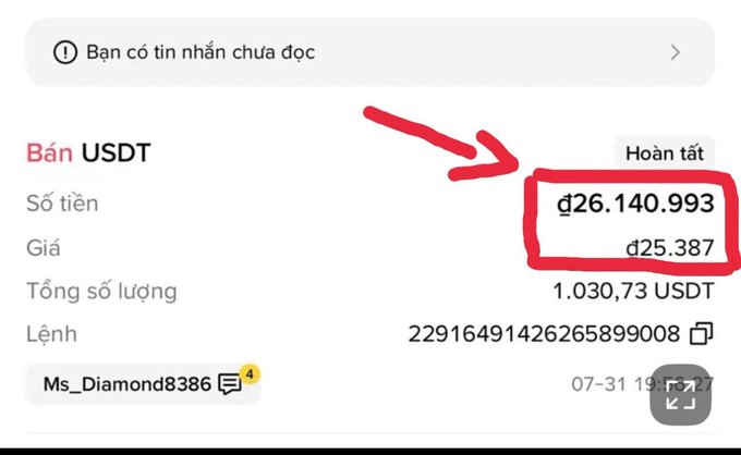A screenshot of a USDT sell transaction in Vietnamese showing an amount of ₫26,140,993 highlighted with a red circle and arrow, completed on 07-31.