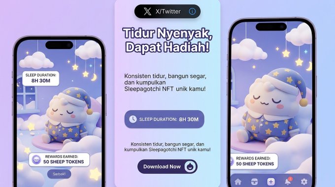 A mobile app advertisement featuring a sleeping sheep mascot in pajamas, promoting 'Sleepagotchi NFT' rewards with the Indonesian text 'Tidur Nyenyak, Dapat Hadiah!' (Sleep Well, Get Rewards!) and showing 50 Sheep Tokens earned for 8H 30M of sleep.