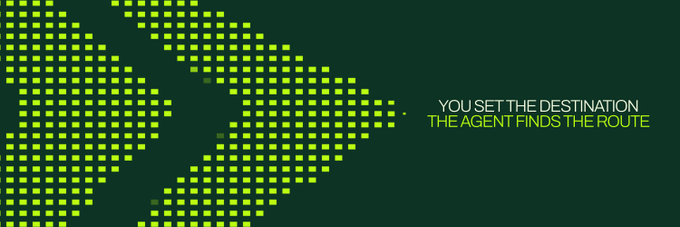 A dark green banner featuring a pixelated yellow arrow pointing right, alongside the text "YOU SET THE DESTINATION / THE AGENT FINDS THE ROUTE," visually reinforces the concept of an AI investment agent navigating the Robinhood Chain as described in the post about WaymarkMoney.