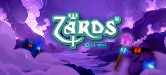 A purple-hued graphic with the text "7ARDS®" prominently displayed against a stylized landscape with pixelated characters in the background.