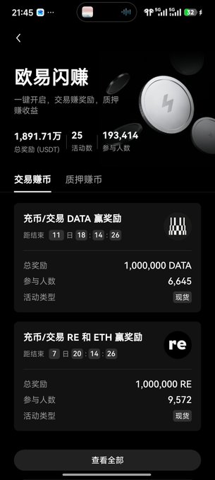 The image shows a mobile screen displaying OKX's "欧易闪赚" (OKX Flash Earn) promotional page, featuring two active campaigns with $DATA and $RE token rewards. Key stats visible include 1,891.71万 USDT total rewards, 25 activities, and 193,414 participants, with individual campaigns offering 1,000,000 DATA (6,645 participants) and 1,000,000 RE (9,572 participants) rewards. This relates to the post's complaint about OKX's flash earn activities being unprofitable, as the post calculates that earning the $DATA reward requires approximately $2,940 in trading volume, resulting in only about $2.94 in cost—illustrating the minimal returns these promotional activities offer users.