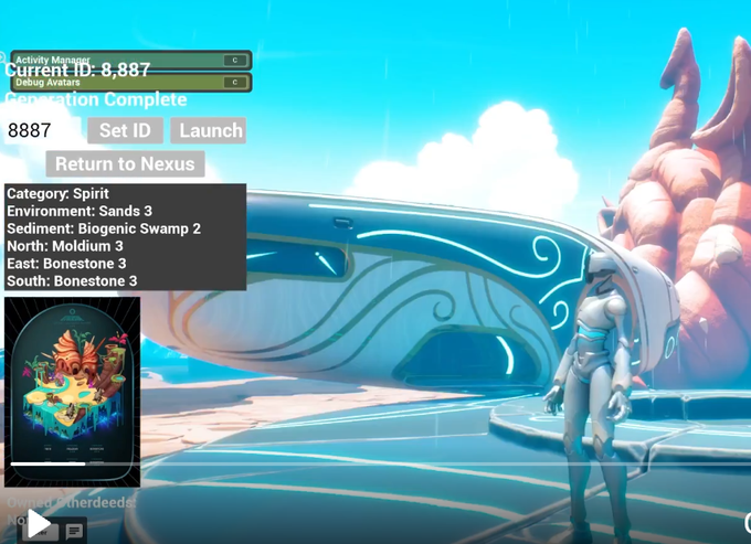 A screenshot of a game interface showing 'Current ID: 8,887, Generation Complete' with a white robotic character standing in a futuristic aquatic environment labeled as Sands 3 / Biogenic Swamp 2.