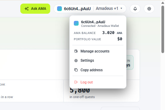 A dropdown menu displays a connected Amadeus Wallet account (6c6Un4...pAUf) showing an AMA Balance of 3.020 AMA and a Portfolio Value of $0, with options to manage accounts, settings, copy address, and log out. The image supports the post about collecting AMA tokens on AmaHub, illustrating the wallet balance feature where users can track their earned AMA tokens from completing tasks.