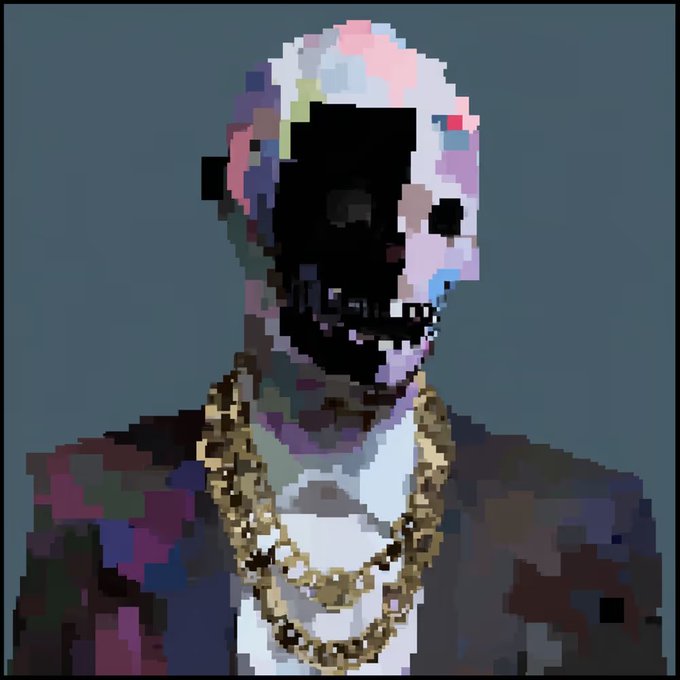A pixelated, abstract portrait of a skeletal figure wearing a suit jacket, white shirt, and multiple gold chains against a gray background.