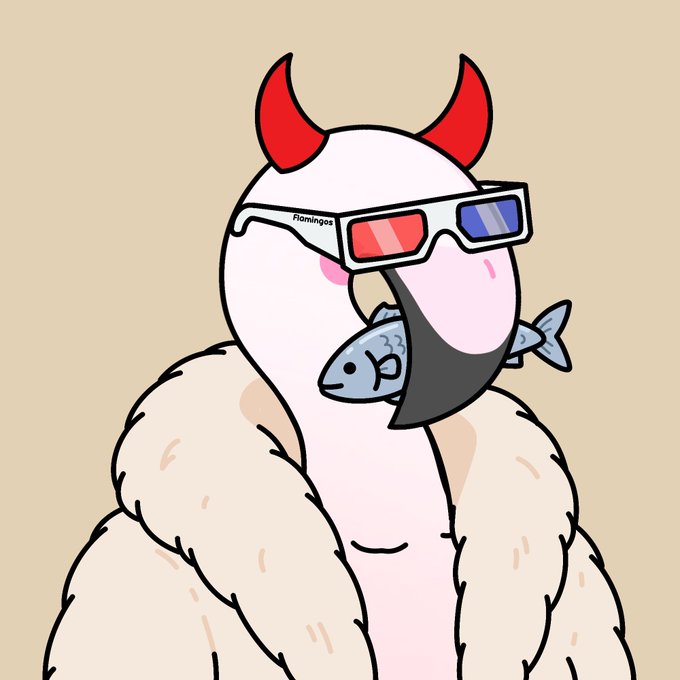 A cartoon illustration of a fluffy white llama or alpaca character wearing 3D glasses with red and blue lenses and small red devil horns, holding a fish in its mouth, with 'Flamingoo' written on the glasses.