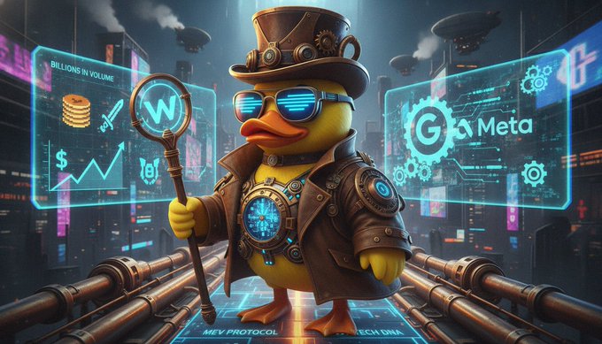 The image features a cartoon duck wearing a top hat, holding a magnifying glass over its head as if examining something closely. The background of the image shows a cityscape with buildings and neon lights, creating an urban atmosphere. There are also text elements in the image that read "focus on what is in the image" and "built MEV tech for PancakeSwap Engineering roots at Google and Meta Scaling the AttentionFi economy".