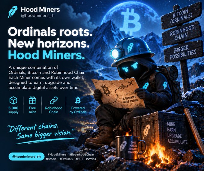 Promotional graphic for Hood Miners (@hoodminers_rh) featuring a digital character in mining gear, promoting their combination of Ordinals, Bitcoin, and Robinhood Chain with 5,000 supply and free mint.