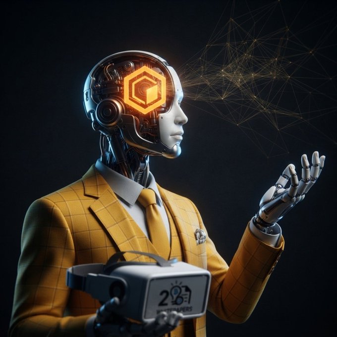 A humanoid robot with a glowing hexagonal head emblem wears a yellow checkered suit and tie, holding a VR headset marked '2D' while gesturing toward a network of glowing nodes.