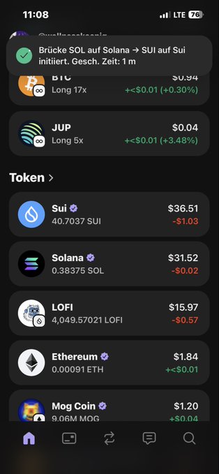 !"This text is not in english", "A trading app showing some stock prices for different cryptocurrencies including Bitcoin, Ethereum and Litecoin" (which appears to be a screenshot of a mobile device), "with two trades in the process, one from 15:53 to 20:53, another at 18:51,". The post implies that there has been a change in price, with a new amount of money involved or it could simply be a different price for the same cryptocurrency.
