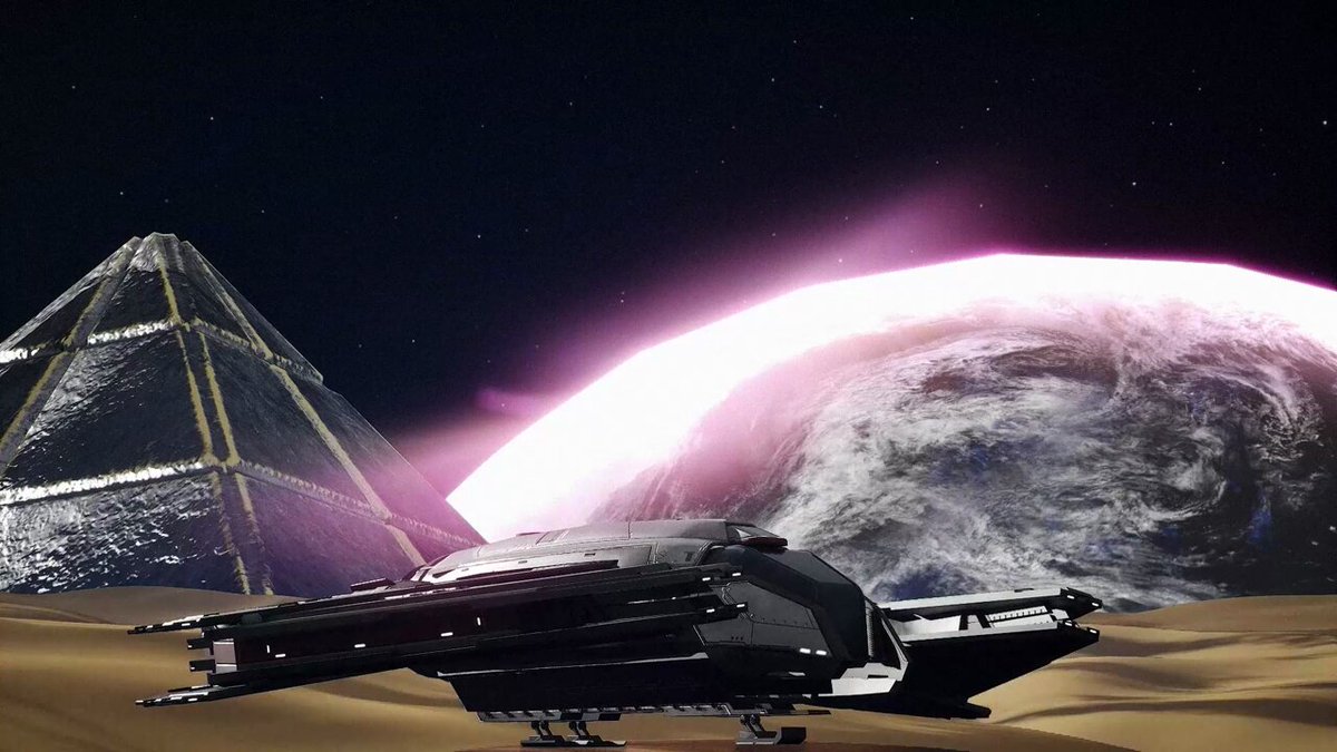 The image features a futuristic scene with a spaceship floating above a desert planet. The spaceship appears to be a space shuttle, and it has landed on the planet's surface. In the background, there are two large pyramids, one of which is glowing pink in color. The sky above them is dark blue, creating an otherworldly atmosphere. The image also includes text that reads "DLMM pools are arriving on Pharaoh! Pharaoh has now evolved into the most complete liquidity layer on Avalanche. With concentrated liquidity, DLMM, and legacy pools all in one place, Pharaoh is now the ONLY DEX IN DeFi built to support all 3 liquidity types".