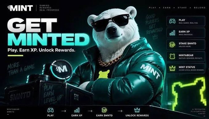 A promotional graphic for 'MINT' featuring a polar bear mascot wearing sunglasses and a puffy jacket, advertising 'GET MINTED' with the tagline 'Play, Earn XP. Unlock Rewards' and features like Play, Earn XP, Stake $MNTD, and Mintbear.