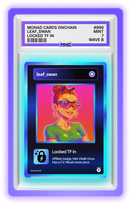 A digital trading card titled 'MONAD CARDS ONCHAIN' for 'LEAF_SWAN' (#999) with the trait 'LOCKED TF IN', featuring an illustrated portrait of a person with sunglasses against a pink and orange gradient.