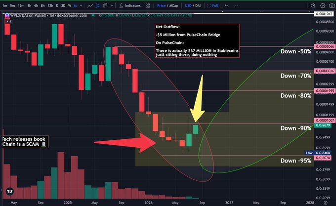 A monthly candlestick chart of WPLS/DAI on PulseX shows the token trading near historical lows (0.05408) with a large green arrow highlighting a two-month upward reversal, annotated with text claiming "$5 Million from PulseChain Bridge" net outflow and a warning that "Tech releases book Chain is a SCAM."

The chart visually supports the post's claim of a "2nd Green Month in a Row" by highlighting the recent bullish candles, while simultaneously showing steep downside resistance bands ranging from -50% to -95% that frame the question "Where does it find resistance?"