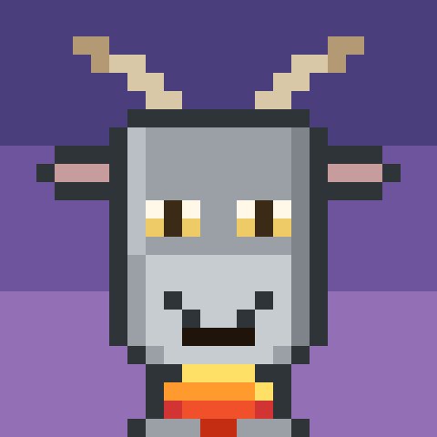 A pixel-art portrait of a gray goat or sheep character with tan horns, pink ears, yellow eyes, and a smile, wearing an orange and yellow shirt against a purple gradient background.