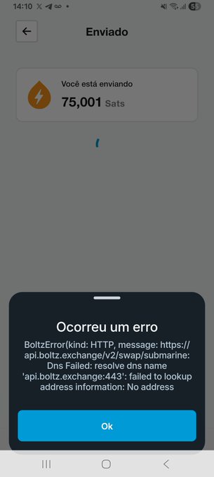 A smartphone screenshot shows an error message in Portuguese over a Bitcoin Lightning wallet app attempting to send 75,001 Sats, stating 'BoltzError' and 'Dns Failed'.