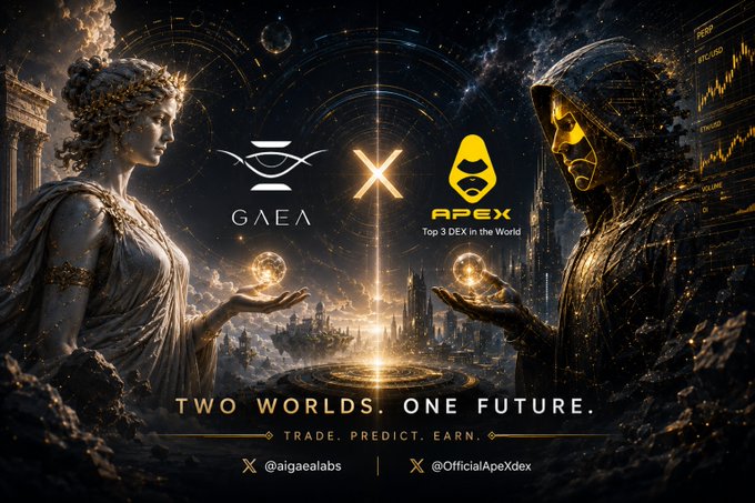 A cinematic promotional graphic for the GAEA × ApeX partnership features two ethereal figures—a classical Greek-style goddess on the left and a futuristic hooded figure on the right—each holding a glowing orb, with the logos for GAEA ("Top 3 DEX in the World") centered against a cosmic backdrop and the tagline "TWO WORLDS. ONE FUTURE. TRADE. PREDICT. EARN." along with the social handles @aigaealabs and @OfficialApeDex, visually representing the fusion of mythology and technology highlighted in the campaign offering $1,000,000 in SXP points and $2,000,000 in trading bonuses.
