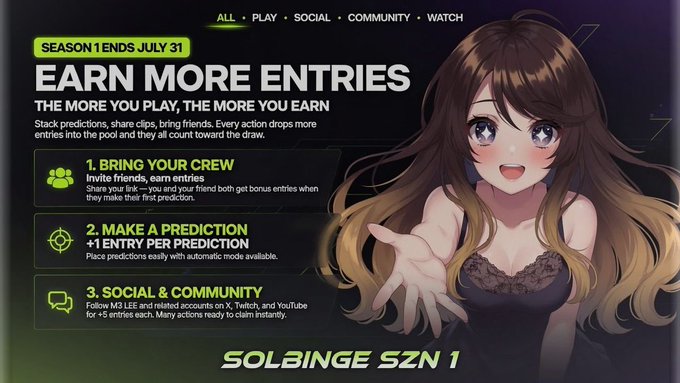 An anime-style promotional graphic for 'SOLBINGE SZN 1' features a smiling female character and lists ways to 'EARN MORE ENTRIES' before the season ends July 31.