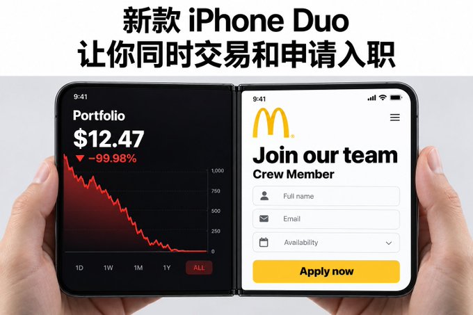 A mock advertisement for the "new iPhone Duo" shows a folding dual-screen device displaying a portfolio down 99.98% to $12.47 on one screen and a McDonald's "Join our team" Crew Member application on the other. The joke, matching the post's "#iPhoneDuo" tag, pokes fun at the financial reality facing risk-heavy retail traders once their speculative bets collapse.