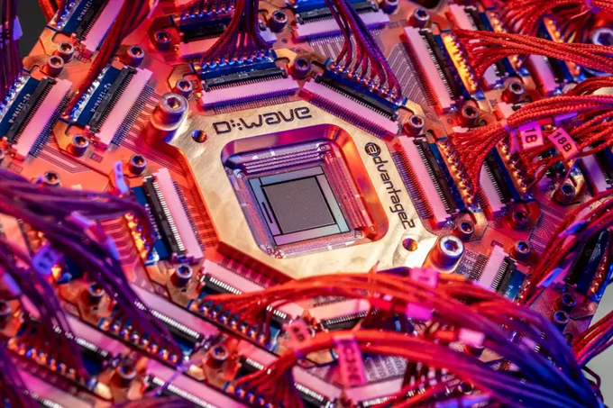 The image shows a close-up view of a computer chip or circuit board filled with numerous wires and components. The focus of this image is on the central component, which appears to be a small square device surrounded by other electronic parts. The background features a mix of purple and red colors, creating an interesting visual effect.

The caption provided in the image reads: "WHEN QUANTUM COMPUTING GOES... COIN MINING Harnessing speed advantages while saving energy Have you ever thought about the scenario of mining coins using quantum technology, bros? Researchers have just experimented with using quantum computers to mine $QUIP."
