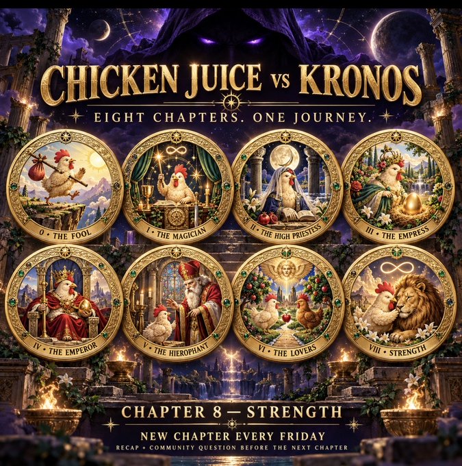 A digital promotional poster titled 'CHICKEN JUICE vs KRONOS' displaying eight tarot-style cards featuring chickens, with text indicating 'CHAPTER 8 - STRENGTH' and 'NEW CHAPTER EVERY FRIDAY'.
