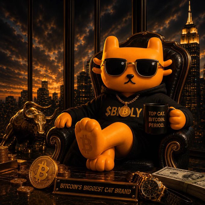 A stylized orange cat wearing sunglasses and a black hoodie with '$BIGOLY' text, sitting in a chair holding a 'TOP CAT. BITCOIN. PERIOD.' mug, surrounded by a golden bull statue, Bitcoin coins, cash, and a watch, with 'BITCOIN'S BIGGEST CAT BRAND' on a plaque.