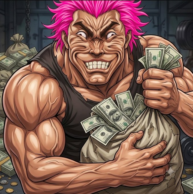 A cartoon-style illustration of a muscular man with spiky pink hair grinning maniacally while holding stacks of dollar bills and a money sack.