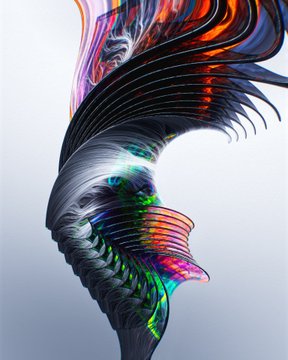 A digital abstract artwork featuring a swirling, ribbon-like 3D form with iridescent rainbow colors against a pale background.