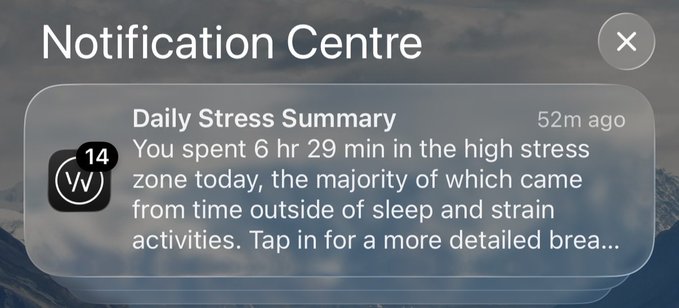 A smartphone notification center displays an Apple Watch alert reading 'Daily Stress Summary: You spent 6 hr 29 min in the high stress zone today' from 52 minutes ago.