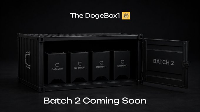 A sleek black container labeled "BATCH 2" opens to reveal four "DogeBox1" mining devices, with text announcing "The DogeBox1" and "Batch 2 Coming Soon," promoting the new mining hardware for $CYS, DOGE, and LTC.