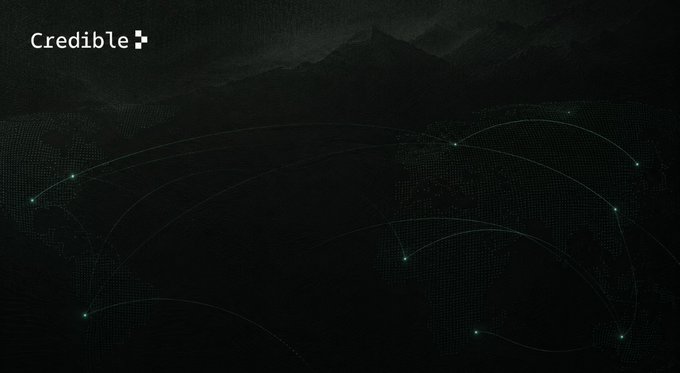 A dark, stylized digital graphic features the word "Credible" with a plus-sign logo in the top-left corner, set against a black background displaying a faint world map silhouette overlaid with glowing connection lines and nodes.