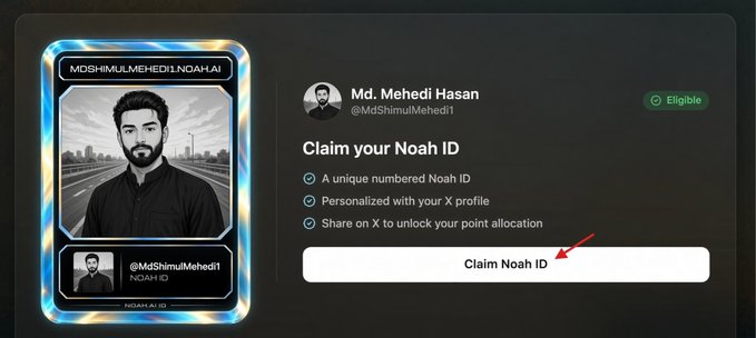 A Twitter profile setup screen for Md. Mehedi Hasan (@MdShimulMehedi1) prompting the user to 'Claim your Noah ID' with a red arrow pointing to the button.