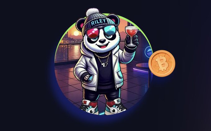A colorful cartoon illustration of a panda wearing a beanie labeled 'RILEY', sunglasses, and a white jacket, holding a drink and a Bitcoin coin, set against a cocktail lounge background.