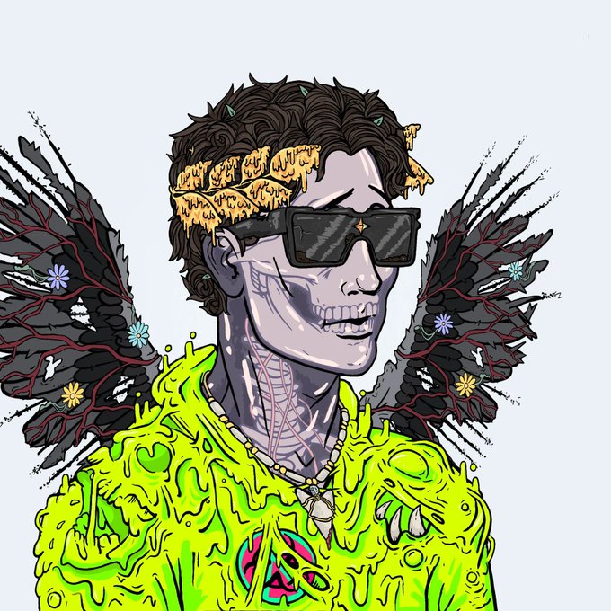 A digital illustration of a character with a skeletal, zombie-like face, wearing pixelated sunglasses and a dripping green slime hoodie, framed by dark, vein-patterned wings adorned with small flowers.