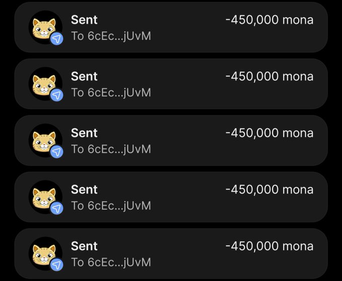 The image shows a black screen with white text, displaying five different options for sending money using a cryptocurrency called Solana. Each option has a corresponding number of monas associated with it. The first option is labeled "Sent" followed by the numbers 6, 7, 8, 9, and 10. The remaining options are labeled "To 6ec...JVM", "To 6ec...JVM to 6ec...JVM", "To 6ec...JVM to 6ec...JVM to 6ec...", and "To 6ec...JVM to 6ec...JVM to 6ec...".