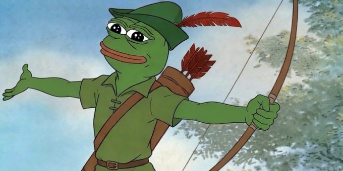 A cheerful animated frog dressed as Robin Hood, complete with a feathered cap, quiver of arrows, and bow, poses triumphantly against a forest backdrop. The character evokes the "taking from the rich" spirit of Robin Hood, symbolizing how $REPE is holding strong above $1M+ market cap on Robinhood Chain, standing out as one of only 37 coins to achieve that milestone—just like an underdog triumphing against larger competitors.