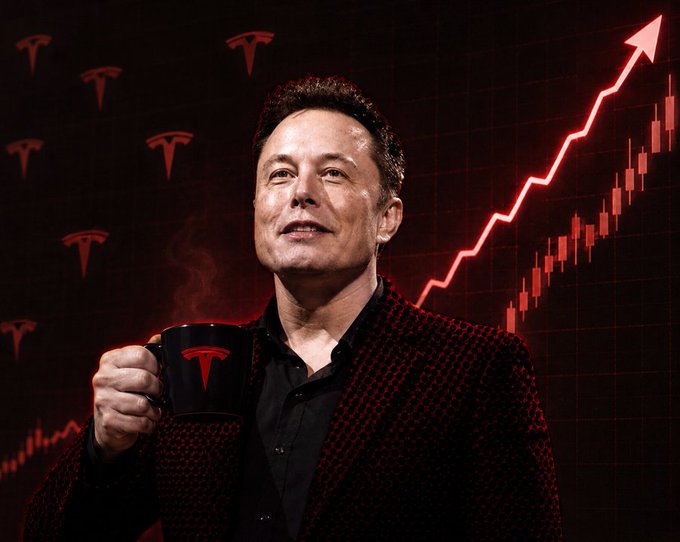 A stylized image of Elon Musk holding a Tesla-branded mug against a dark red background with Tesla logos and an upward-trending stock chart.