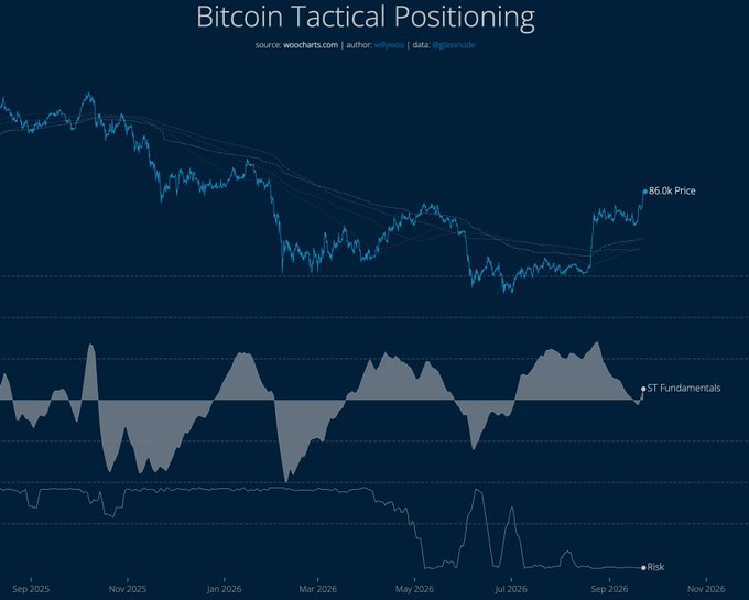 This chart, titled "Bitcoin Tactical Positioning," displays three indicators from September 2025 through November 2026: the BTC price hovering near $86.0k, "ST Fundamentals" oscillator showing cyclical peaks and troughs, and a "Risk" indicator at the bottom. The visualization supports the post's thesis by showing the Fundamentals oscillator cooling off in late August through mid-September while BTC price remained strong—illustrating the buying demand overcoming short-term profit-taking, with current levels suggesting room to run before becoming overbought over the next 2-4 weeks.