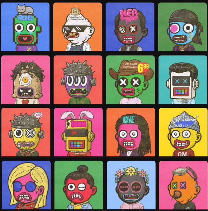 Grid of 16 colorful cartoon NFT-style character portraits with various designs including cyborgs, robots, and characters with X eyes, set against bright colored backgrounds.