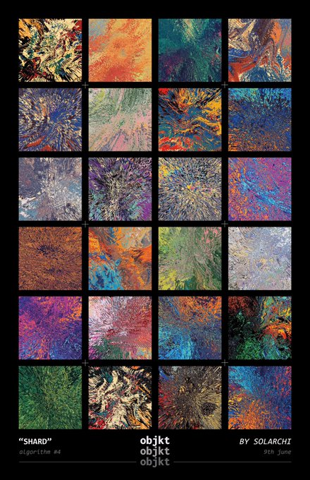 The image features a poster with a grid of squares, each containing a different color or pattern. The colors used are blue, green, orange, purple, pink, yellow, and red. The patterns vary from abstract designs to more realistic images. The poster is titled "objet" in the top left corner and has an artist's name listed below it.
