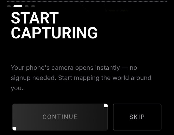 A black mobile app screen displays 'START CAPTURING' as the main header, with descriptive text reading 'Your phone's camera opens instantly — no signup needed. Start mapping the world around you.' and buttons labeled 'CONTINUE' and 'SKIP' at the bottom.