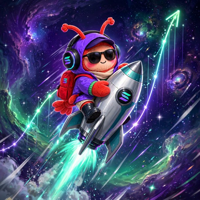 A digital illustration of a red mascot character wearing sunglasses, headphones, and a purple cap riding a silver rocket through a colorful cosmic/galaxy background with green arrows pointing upward.