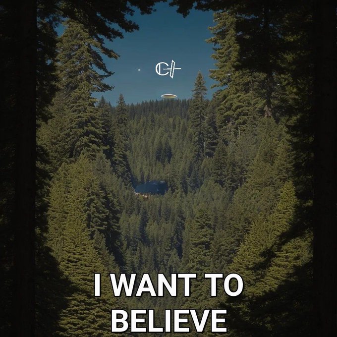 A parody of the 'I Want to Believe' X-Files poster showing a UFO hovering over a forest with 'GA' written in the sky.