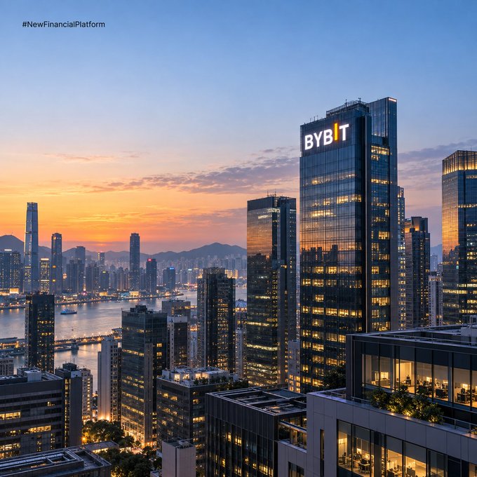 A cityscape at sunset featuring a prominent skyscraper displaying the 'BYBIT' logo, with '#NewFinancialPlatform' text in the upper left corner.